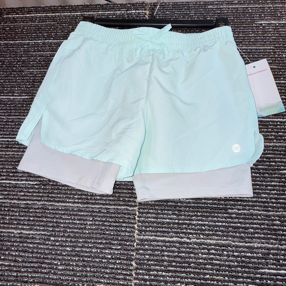 Balance Collection 2-in-1 Athletic Shorts Kids Size M 10/12 New Mint Green Grey